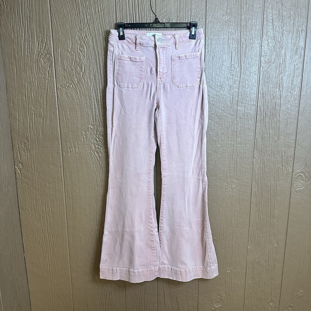 Risen Jeans Micro Patch Pocket Wide Leg Flare Jeans Sz 7/28 Pink Washed Chic